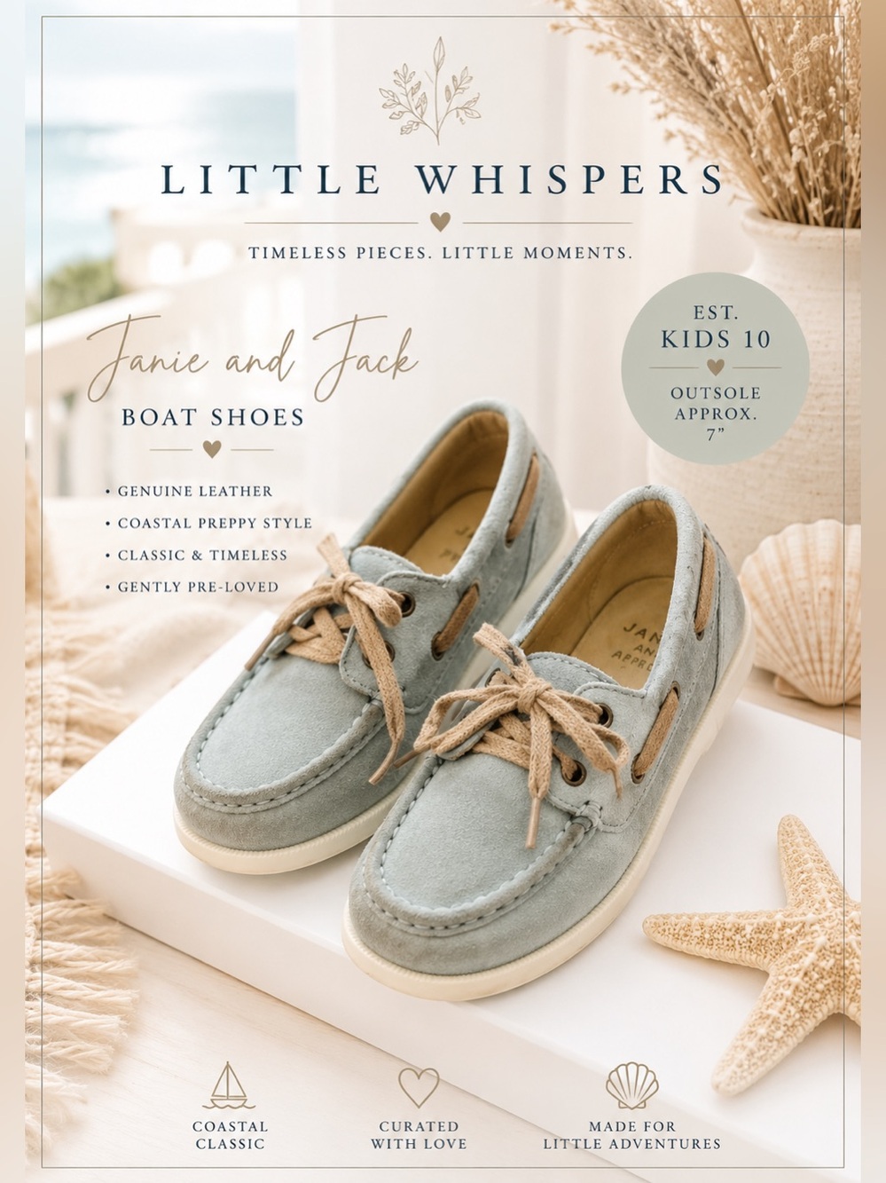 Janie and Jack Genuine Leather Boat Shoes • Sage Blue • Est. Kids 10